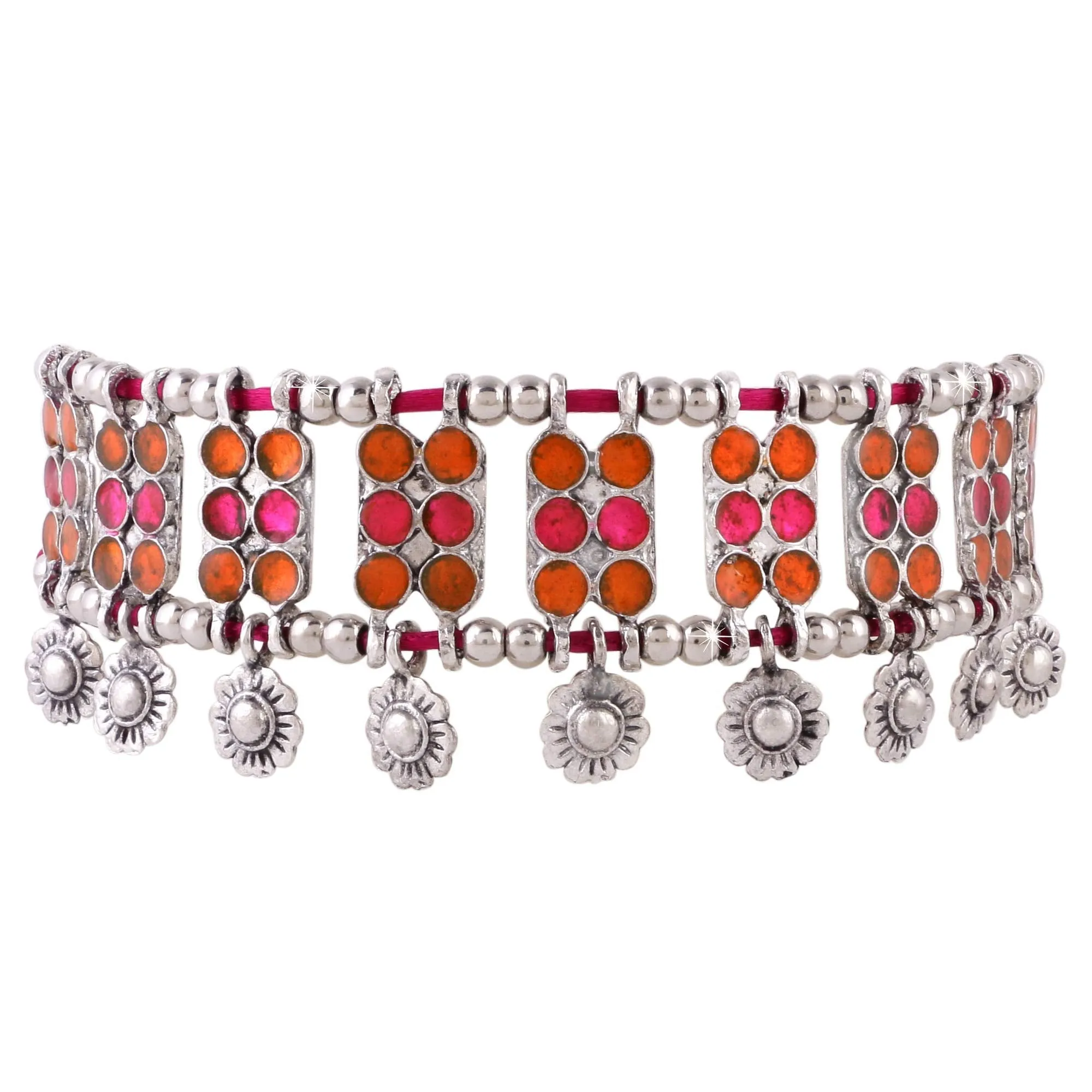 Yellow Chimes German Silver Oxidized Designer Antique Look Modern Style Neck Strap Versatile Choker Necklace for Women and Girls (Pink)