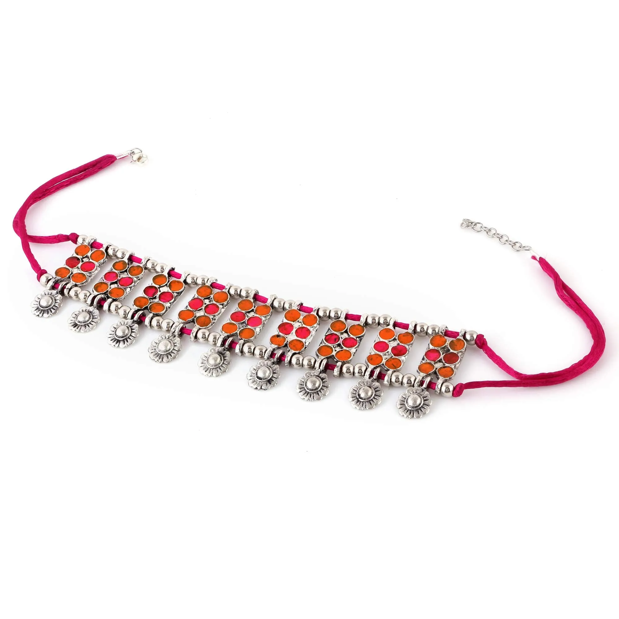 Yellow Chimes German Silver Oxidized Designer Antique Look Modern Style Neck Strap Versatile Choker Necklace for Women and Girls (Pink)